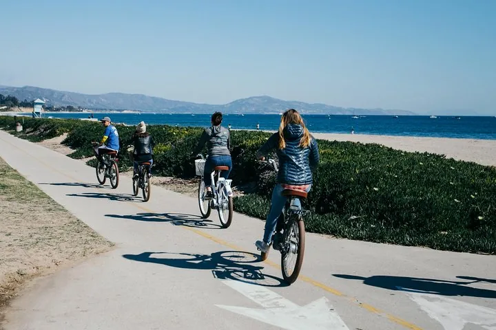 Group of people riding electric bicycles along a coastal path.